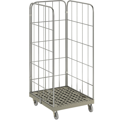 MODULAR roll container, plastic transport dolly, mesh on 3 sides, grey dolly.