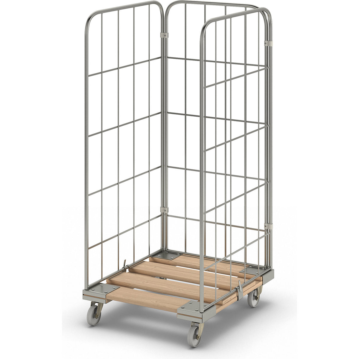 MODULAR roll container, wooden transport dolly, mesh on 3 sides.