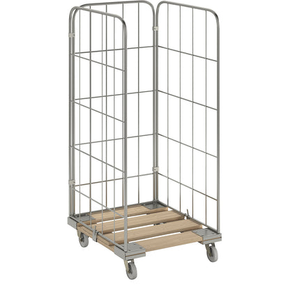 MODULAR roll container, wooden transport dolly, mesh on 3 sides.