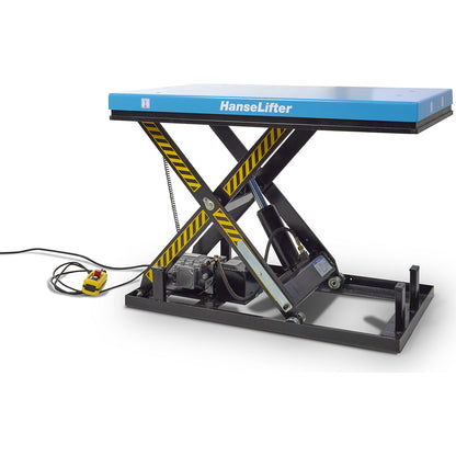 Compact lift table, platform LxW 1300 x 800 mm, max. load 1000 kg, operating voltage 400 V.