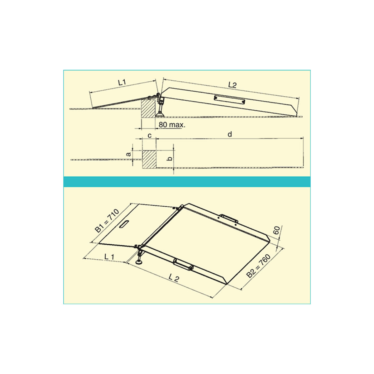 Ramp, height adjustable, max. load 300 kg, LxW 1200 x 760 mm.