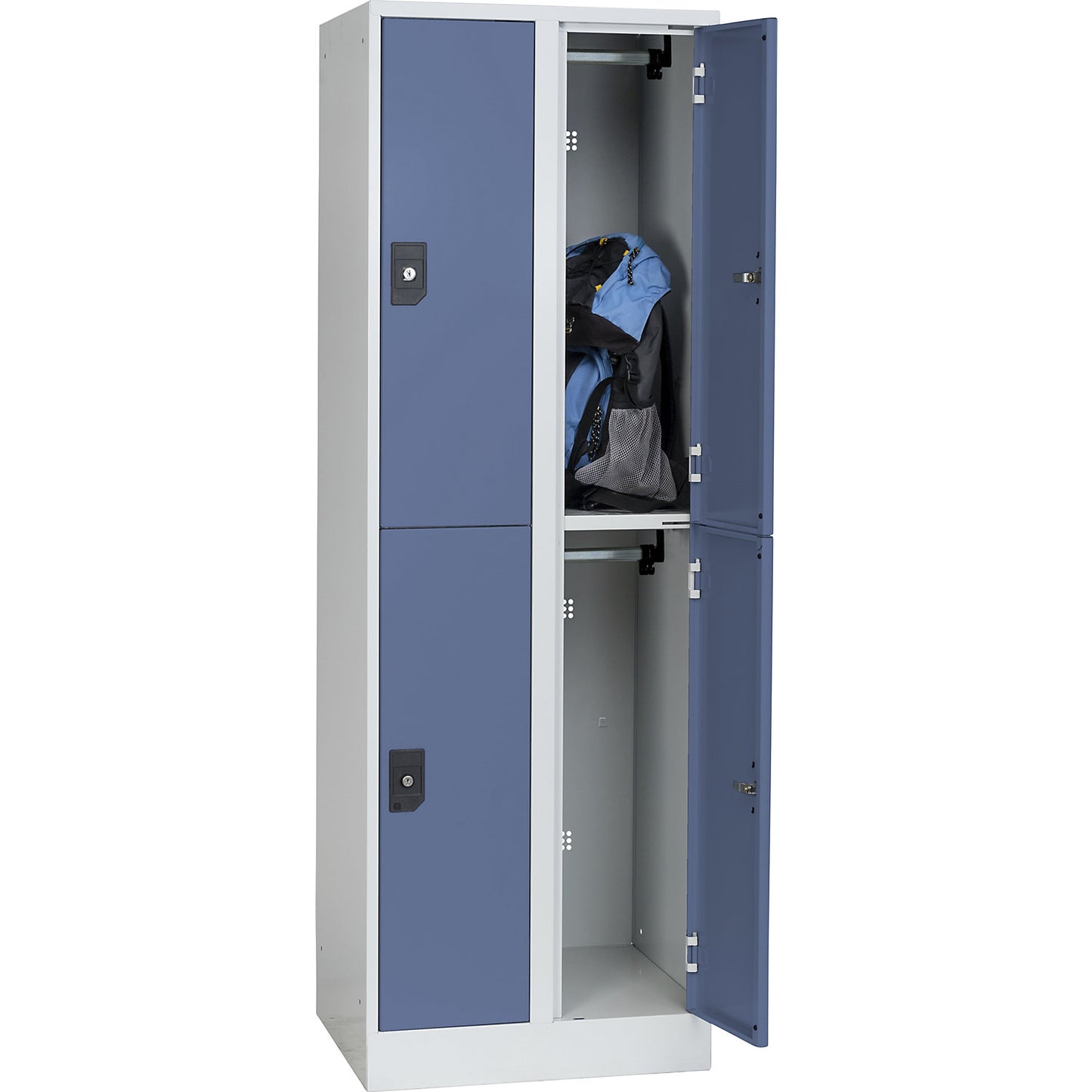 Stuttgart double deck clothes locker, 2 compartments, W 600 mm, light grey / pigeon blue.