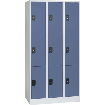 Stuttgart 3-fold compartment locker, 3 compartments, W 900 mm, light grey / pigeon blue.