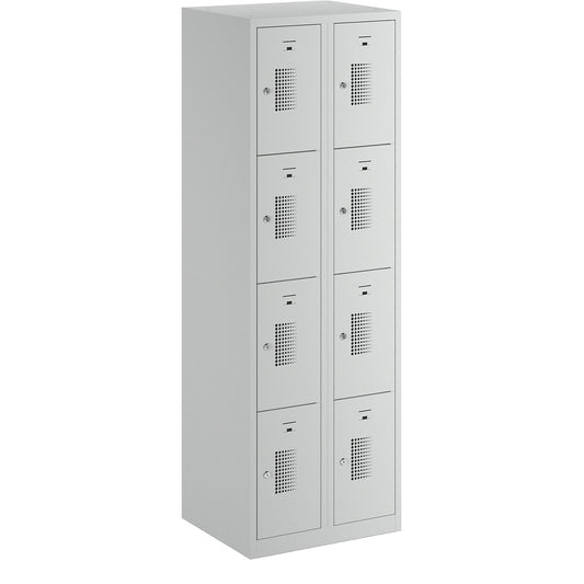 Amsterdam 4-fold compartment locker, 2 compartments, light grey, W 600 mm, 8 compartments, cylinder lock.