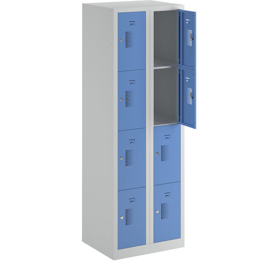 Amsterdam 4-fold compartment locker, 2 compartments, light grey / light blue, W 600 mm, 8 compartments, cylinder lock.