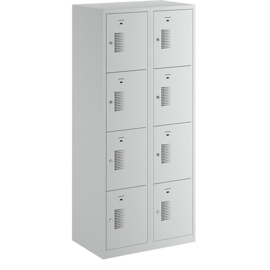 Amsterdam 4-fold compartment locker, 2 compartments, light grey, W 800 mm, 8 compartments, cylinder lock.