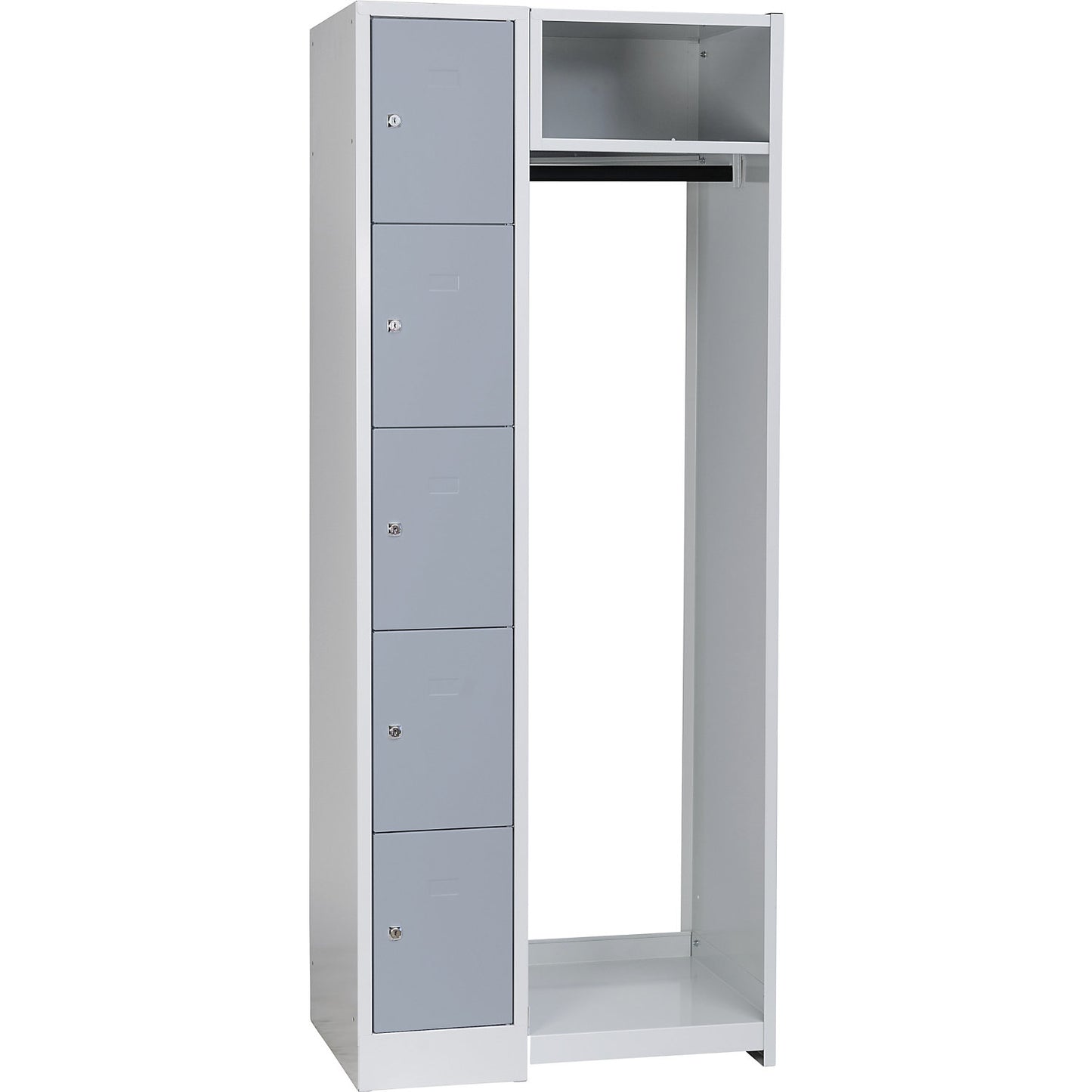 Dresden cloakroom locker system, 5 compartments, 1 coat rack, W 750 mm, light grey / silver grey.