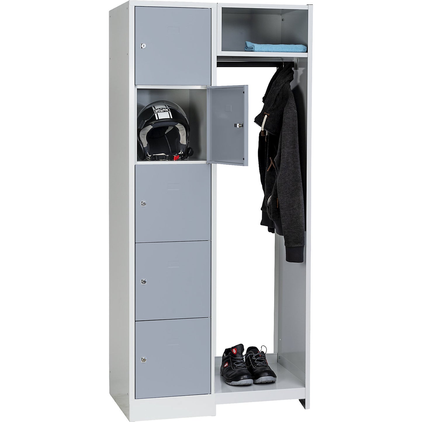 Dresden cloakroom locker system, 5 compartments, 1 coat rack, W 850 mm, light grey / silver grey.