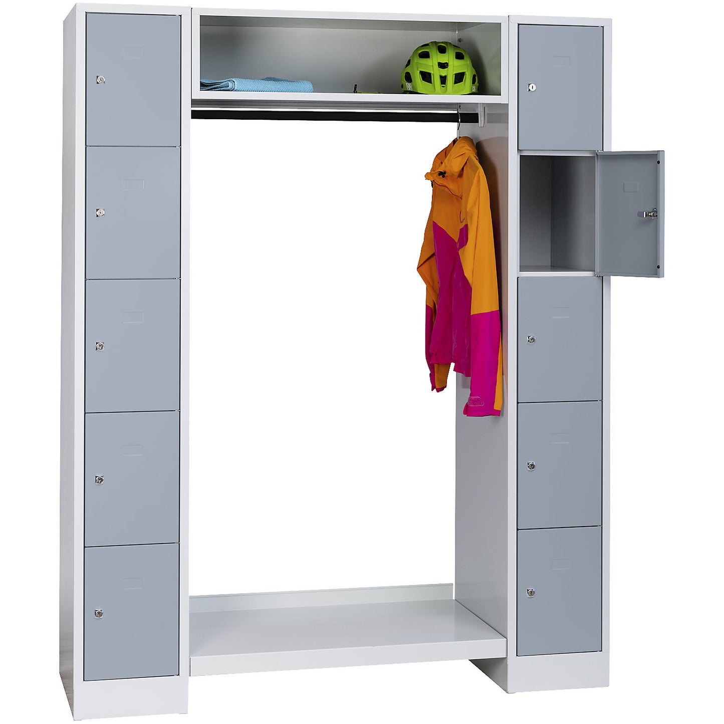 Dresden cloakroom locker system, 2 compartments, 1 coat rack, W 1470 mm, light grey / silver grey.