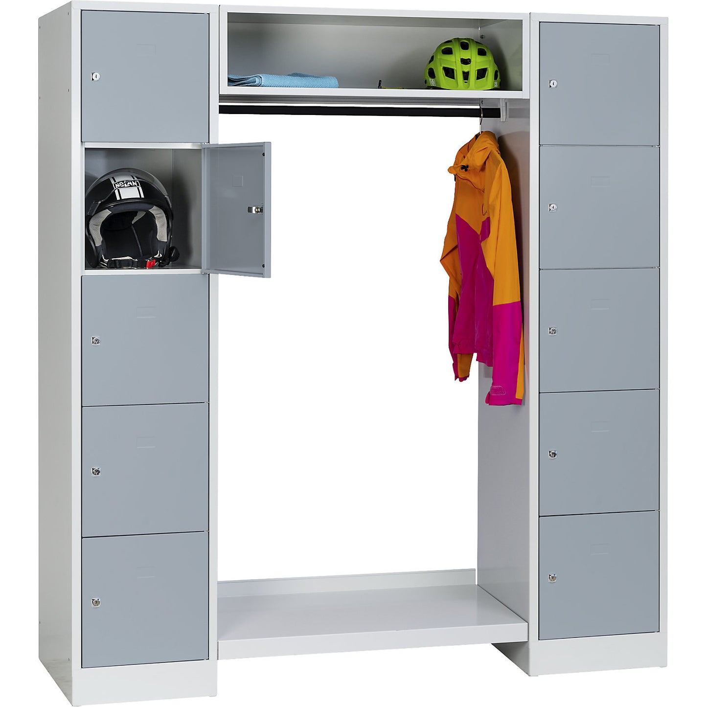Dresden cloakroom locker system, 2 compartments, 1 coat rack, W 1670 mm, light grey / silver grey.