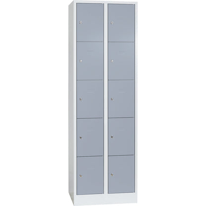 Dresden 5-fold compartment locker, 2 compartments, light grey / silver grey, W 600 mm, with base plinth.