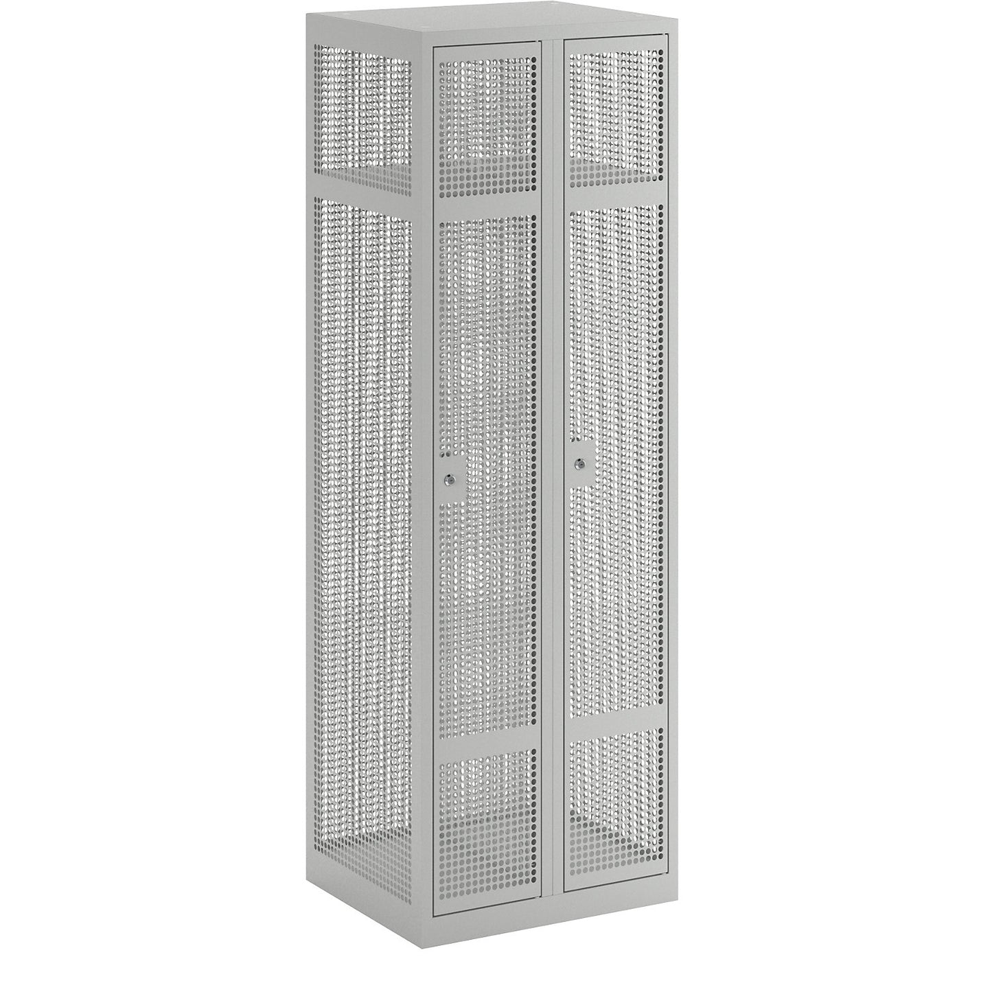 Perforated sheet steel locker, 2 compartments, light grey, W 600 mm, cylinder lock.