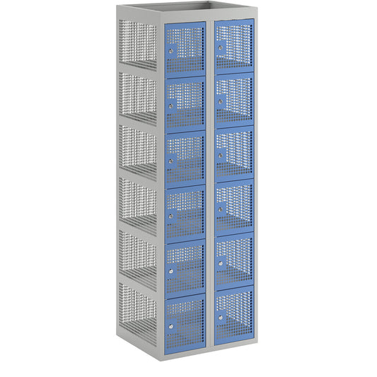 6-fold compartment locker, perforated sheet steel, 2 compartments, light grey / light blue, W 600 mm, cylinder lock.