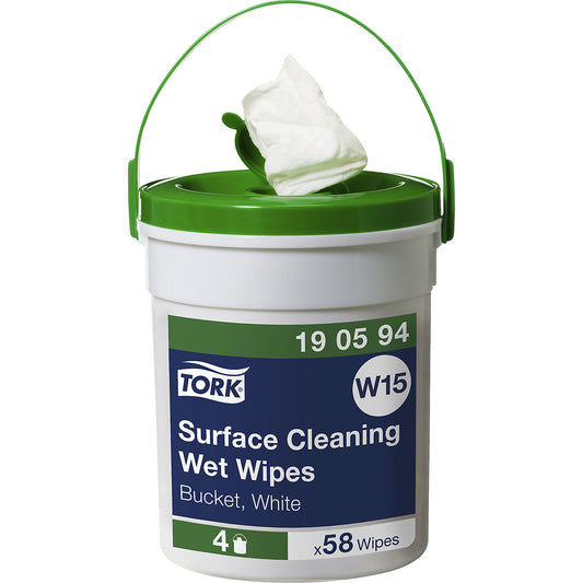 Moist cleaning cloths, for surfaces, 4 canisters with 58 cloths, 135 x 270 mm.