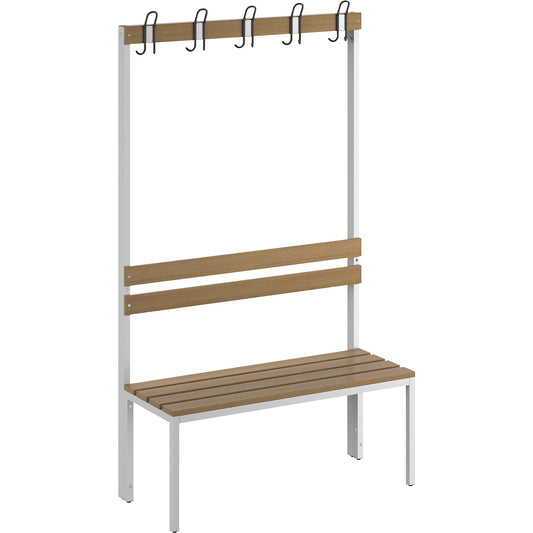 Changing room bench with back rest, single sided, beech wood slats, length 1000 mm.