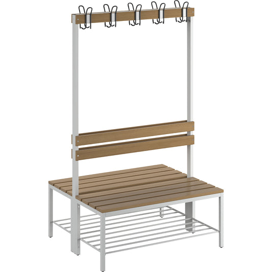 Changing room bench with back rest, double sided, beech wood slats, length 1000 mm.