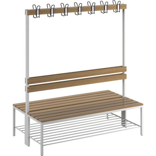 Changing room bench with back rest, double sided, beech wood slats, length 1500 mm.