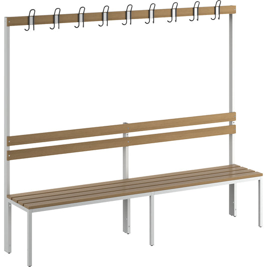 Changing room bench with back rest, single sided, beech wood slats, length 2000 mm.