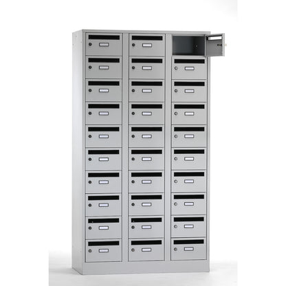 Mail distribution cupboard, 30 compartments, lockable, light grey.