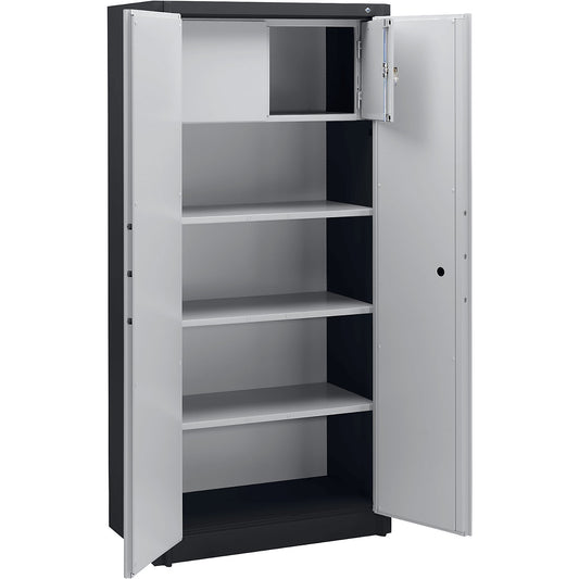 Certos fire protection cupboard, height 1950 mm, compliant with DIN 4102, with lockable compartment, W 930 mm, black grey/light grey.