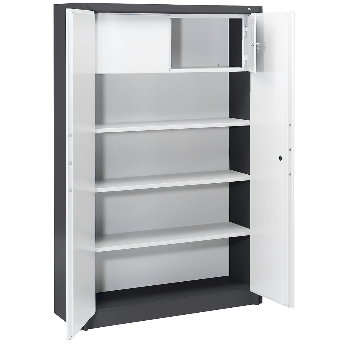 Certos fire protection cupboard, height 1950 mm, compliant with DIN 4102, with lockable compartment, W 1200 mm, black grey/light grey.