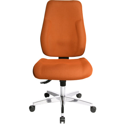 Operator swivel chair, frame made of aluminium, upholstered back rest, orange cover.