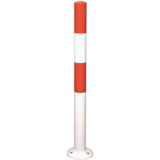 Barrier post made of round tubular steel, white/red, to bolt in place, Ø 76 mm.