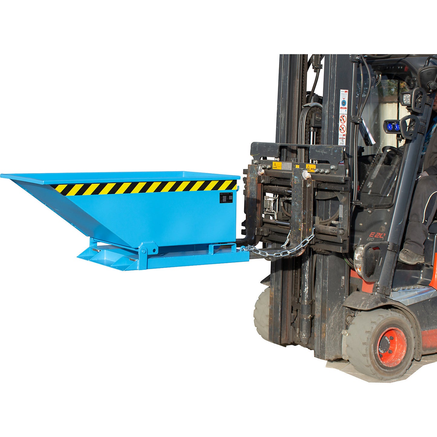 Tilting skip with tilting mechanism, low construction, capacity 0.25 m³, blue RAL 5012.