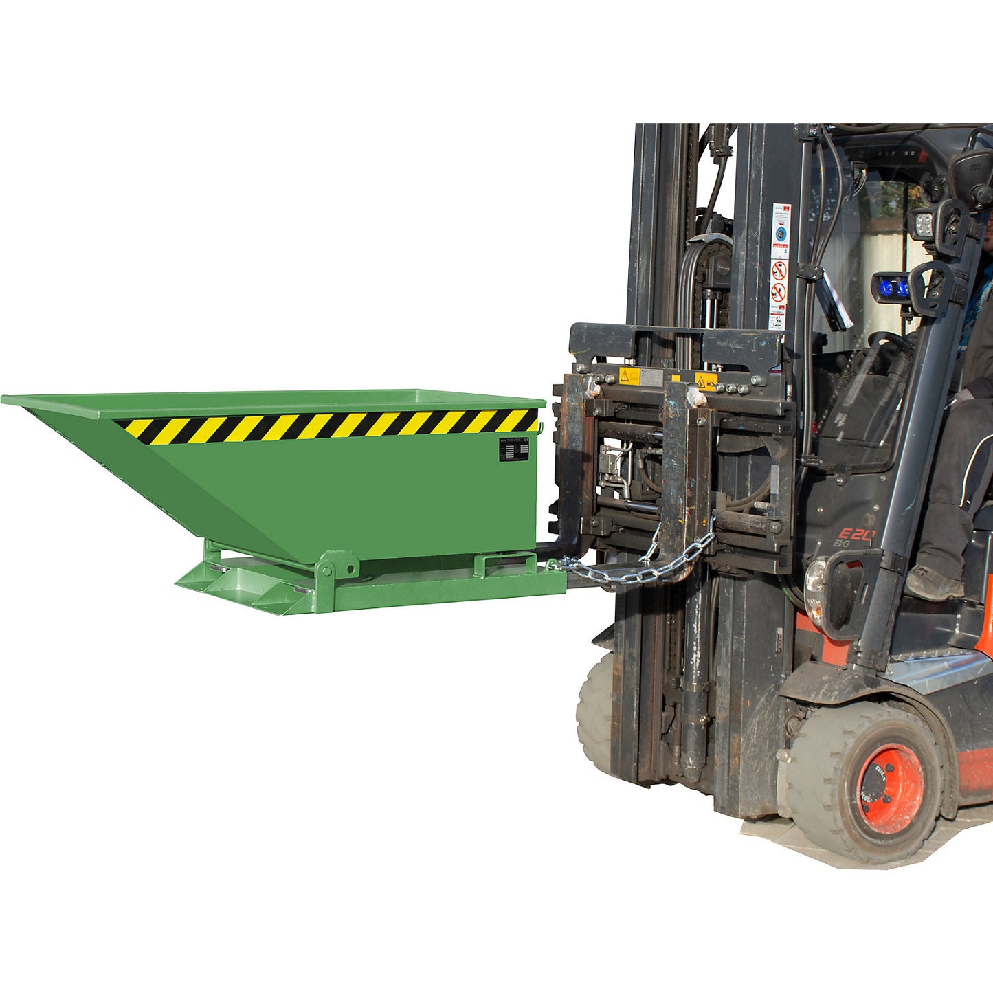 Tilting skip with tilting mechanism, low construction, capacity 0.25 m³, green RAL 6011.