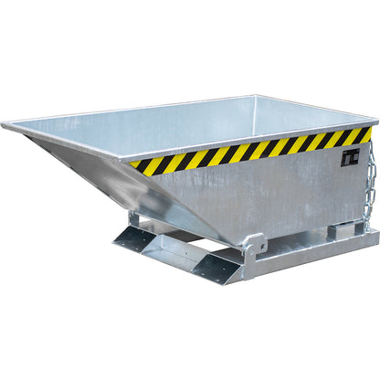 Tilting skip with tilting mechanism, low construction, capacity 0.25 m³, hot dip galvanised in accordance with EN ISO 1461.