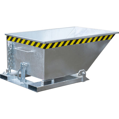 Tilting skip with tilting mechanism, low construction, capacity 0.4 m³, hot dip galvanised in accordance with EN ISO 1461.