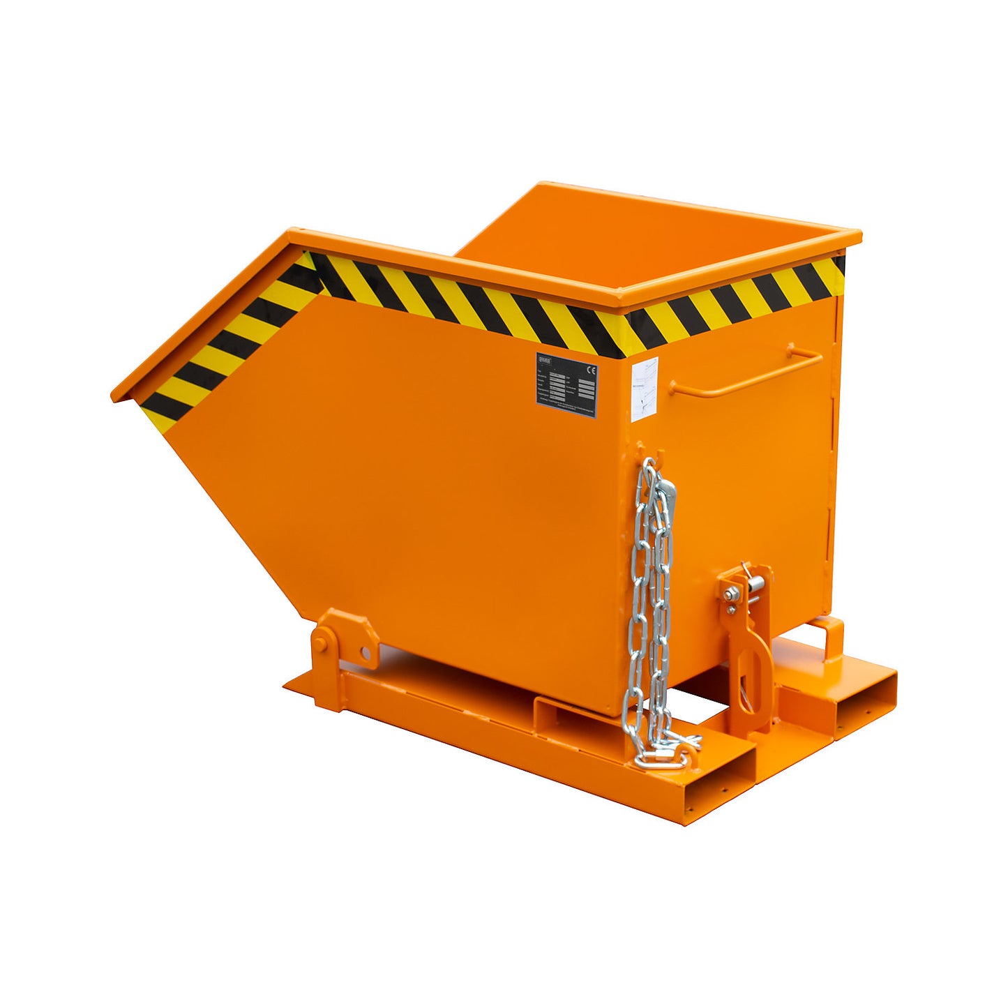 Tilting skip with tilting mechanism, box-shaped, capacity 0.25 m³, orange RAL 2000.