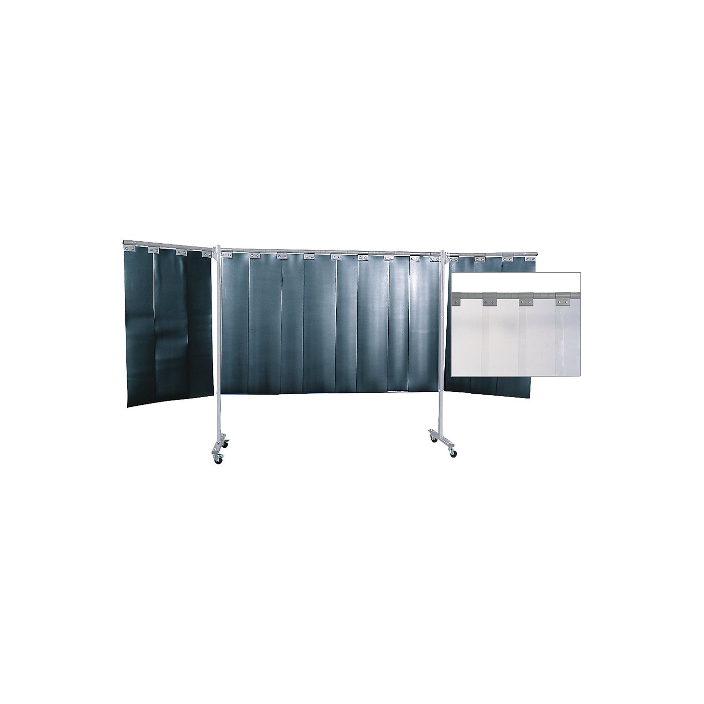 Mobile welding protection screen, 3-part model, HxW 1930 x 3800 mm, with lamellar curtain, transparent.