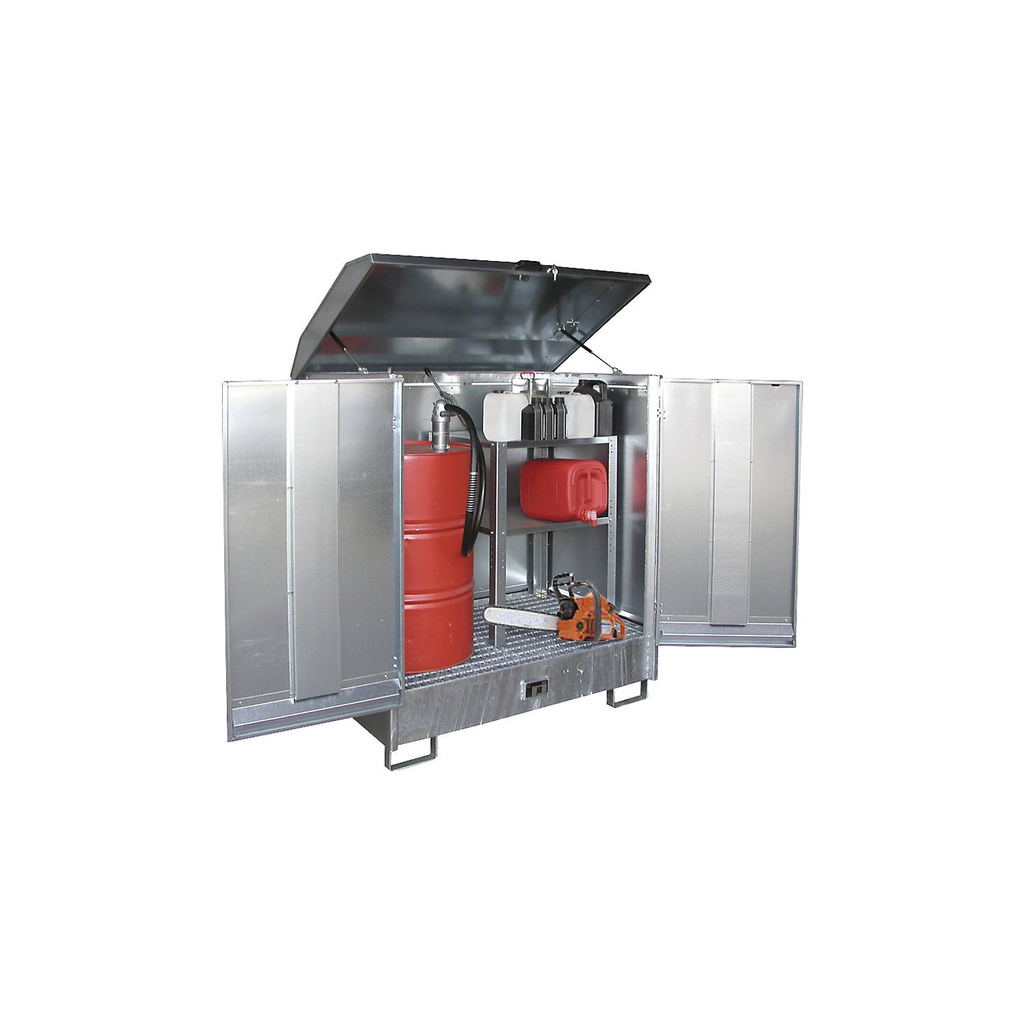 Hazardous goods storage unit, with 2 hinged doors and forklift pockets, for 4 x 200 litre drums, zinc plated.