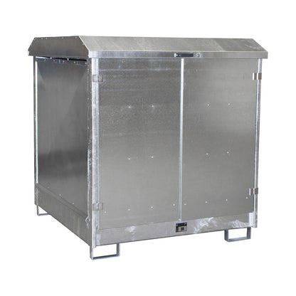 Hazardous goods storage unit, with 2 hinged doors and forklift pockets, for 4 x 200 litre drums, zinc plated.