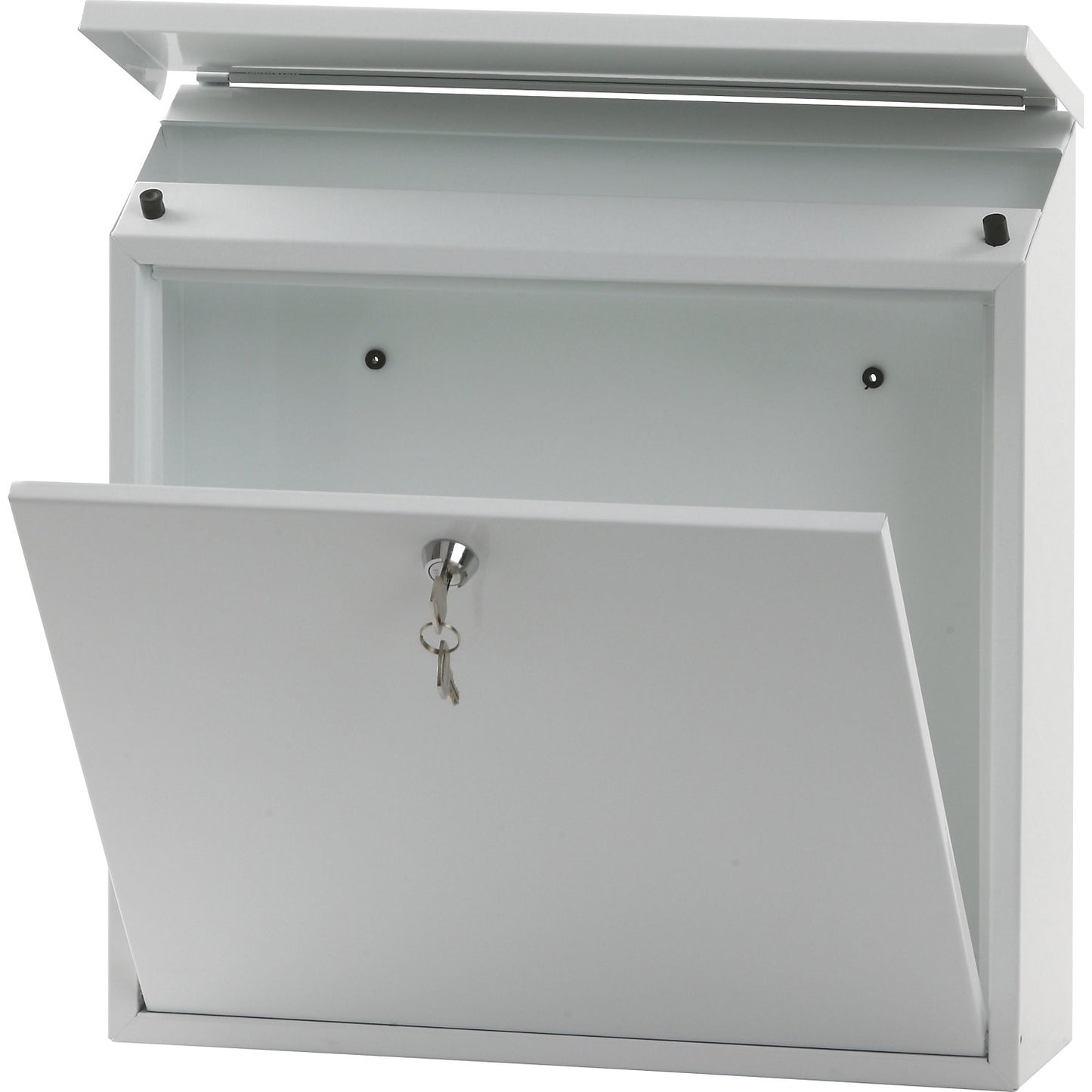 Letter box, with folding sloped roof, HxWxD 370 x 370 x 115 mm, sheet steel, powder coated, pure white RAL 9010.