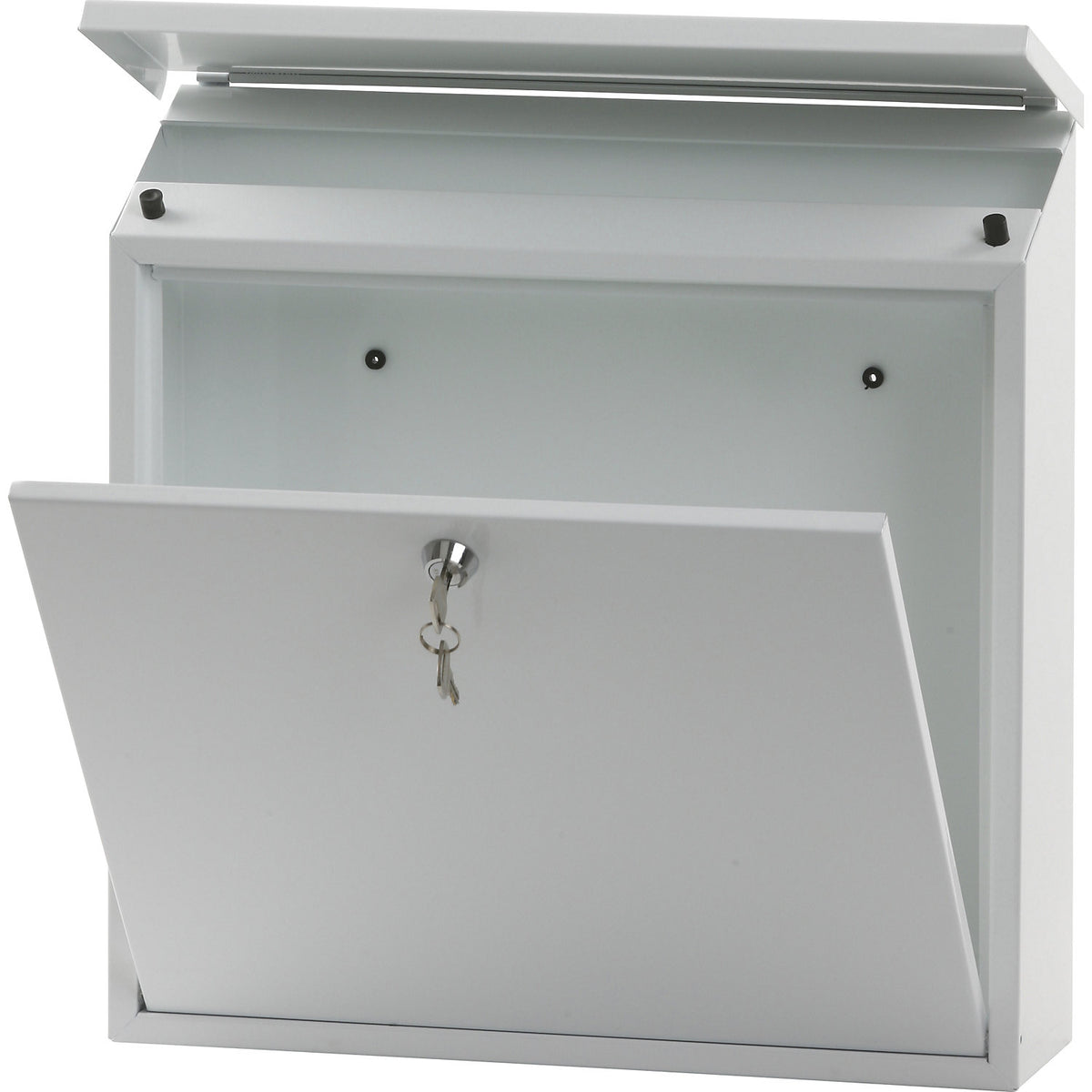 Letter box, with folding sloped roof, HxWxD 370 x 370 x 115 mm, sheet steel, powder coated, pure white RAL 9010.