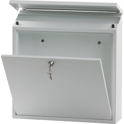 Letter box, with folding sloped roof, HxWxD 370 x 370 x 115 mm, sheet steel, powder coated, pure white RAL 9010.