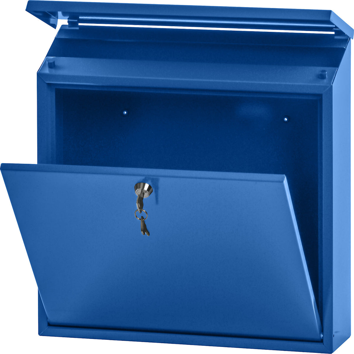 Letter box, with folding sloped roof, HxWxD 370 x 370 x 115 mm, sheet steel, powder coated, blue RAL 5005.