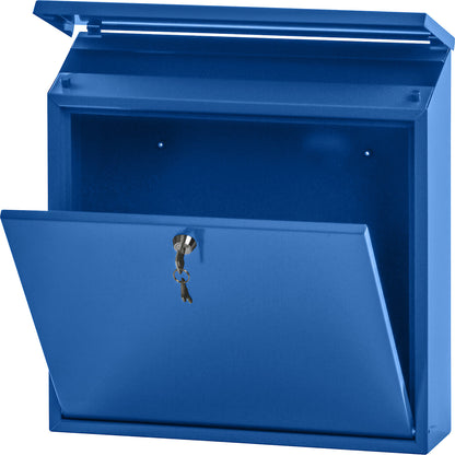 Letter box, with folding sloped roof, HxWxD 370 x 370 x 115 mm, sheet steel, powder coated, blue RAL 5005.