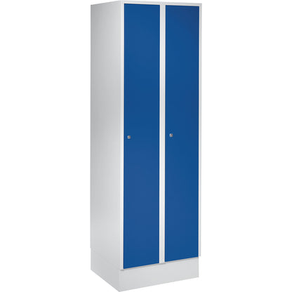 Munich locker, 2 compartments, light grey / gentian blue, W 600 mm, with base plinth.