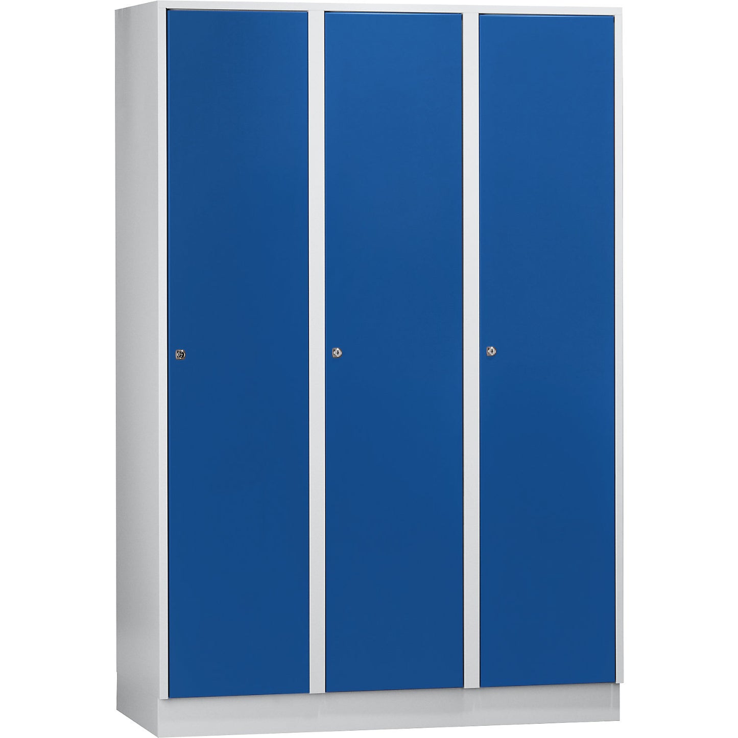 Munich locker, 3 compartments, light grey / gentian blue, W 1200 mm, with base plinth.