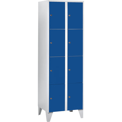 Munich 4-fold compartment locker, 2 compartments, light grey / gentian blue, W 600 mm, with feet.