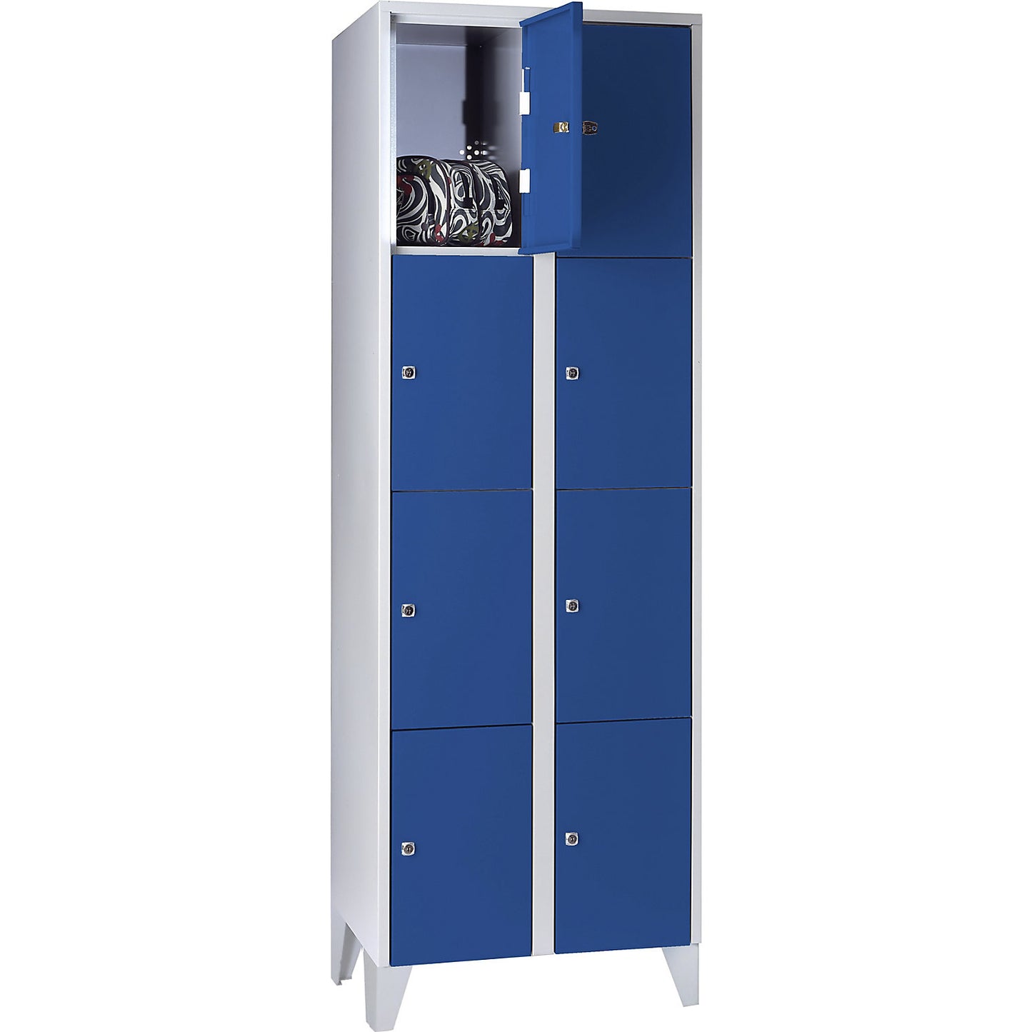Munich 4-fold compartment locker, 2 compartments, light grey / gentian blue, W 600 mm, with feet.