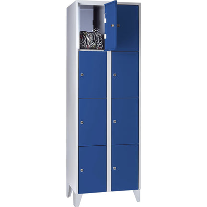 Munich 4-fold compartment locker, 2 compartments, light grey / gentian blue, W 600 mm, with feet.