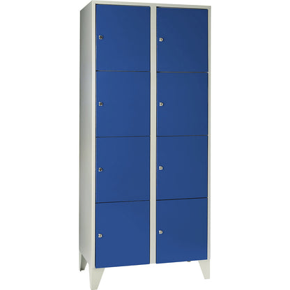 Munich 4-fold compartment locker, 2 compartments, light grey / gentian blue, W 800 mm, with feet.