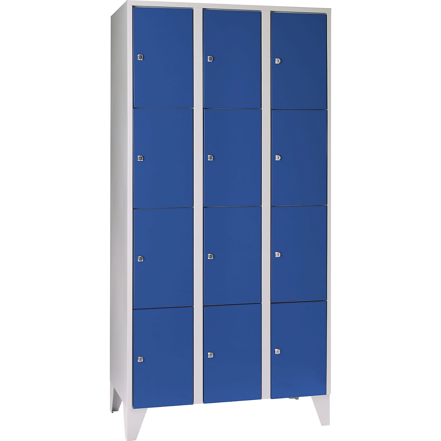 Munich 4-fold compartment locker, 3 compartments, light grey / gentian blue, W 900 mm, with feet.