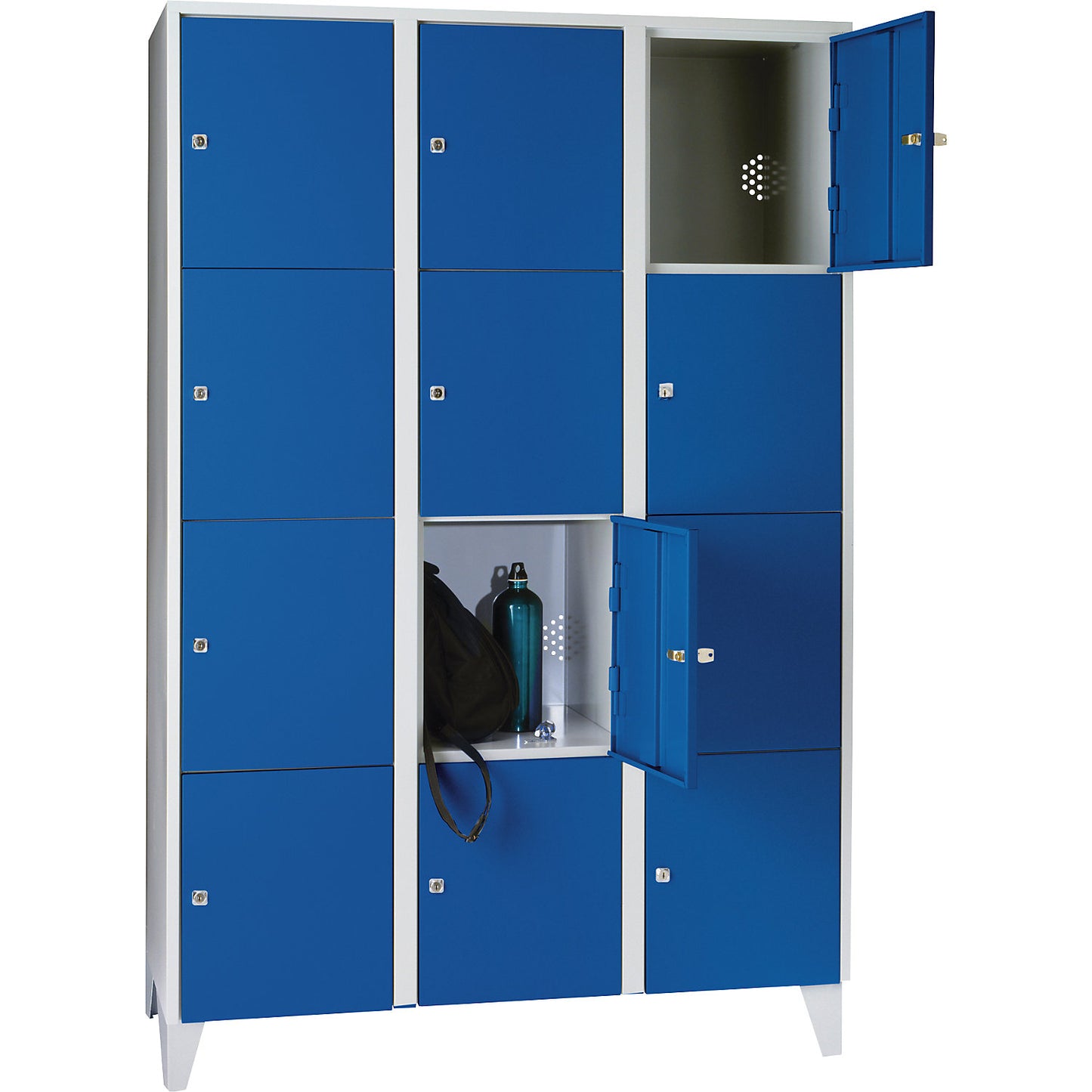 Munich 4-fold compartment locker, 3 compartments, light grey / gentian blue, W 1200 mm, with feet.
