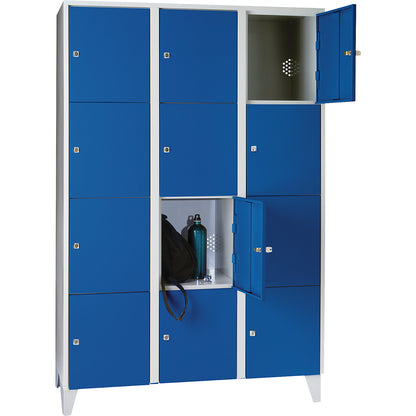 Munich 4-fold compartment locker, 3 compartments, light grey / gentian blue, W 1200 mm, with feet.