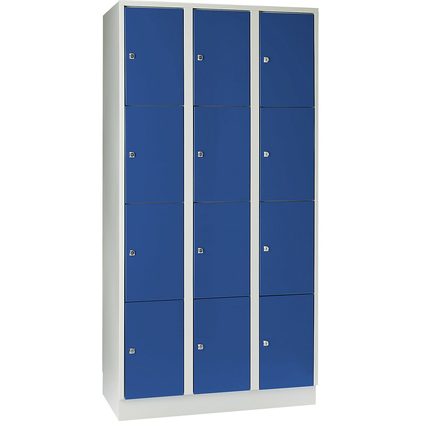 Munich 4-fold compartment locker, 3 compartments, light grey / gentian blue, W 900 mm, with base plinth.